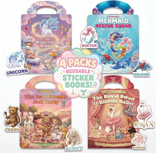 Reusable Jelly Sticker Books for Girls 3-8, Toddlers 2-4, 4 Sets | Sticker Activity Toys | Quiet Travel Toys | 3D Puffy Window Clings | Screen-Free Play | Girl Gift Ages 2-8