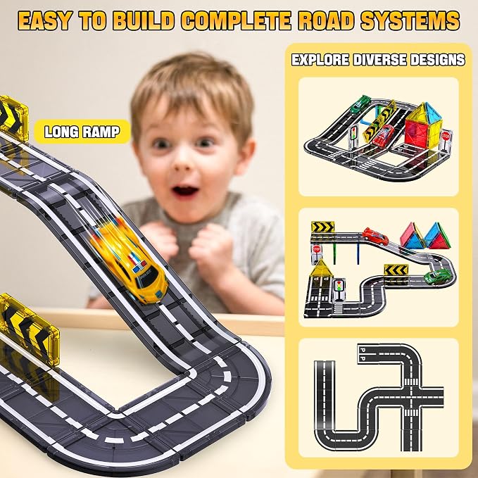 Road Magnetic Tiles for Kids Ages 4-8 with Cars,Ramp Magnet Tiles Boy Toy | Magnetic Tiles Road Expansion Set with Cars, Race Track Magnet Building Blocks,STEM Toys for 4+ Years Old Boy Birthday Gifts