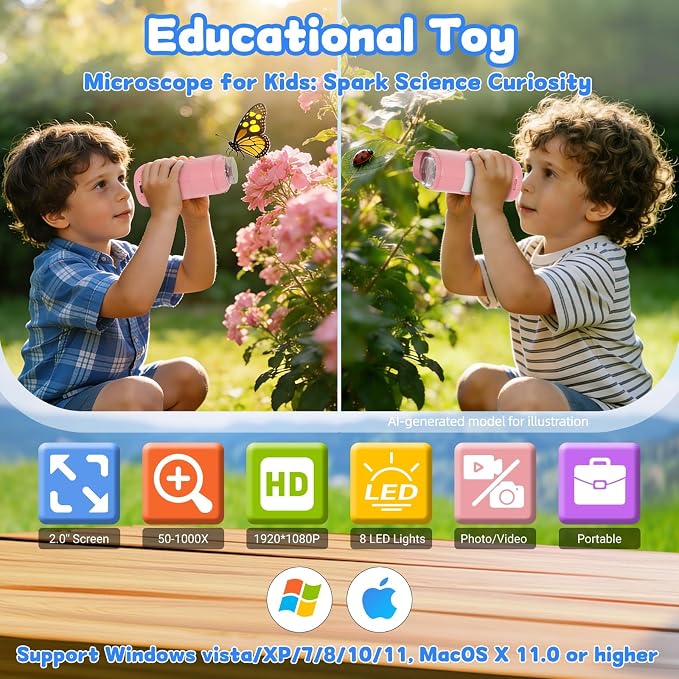 1000X Handheld Microscope for Kids: Pocket Digital Microscope with 1080P&2.0''IPS Screen&Photo/Video - Portable Edu Science Kits for Girls Boys - STEM Toys Birthday Gifts Ages 3-6 6-12(Pink)
