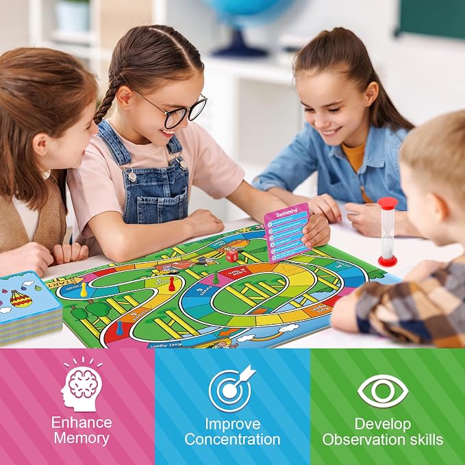 Kasfalci Memory Board Games for Kids and Adult, Improve Observation, Concentration and Reading,100 Picture Cards, Fun & Educational for Family Game Night & Party Activities, 2-4 Players, Ages 6 And Up