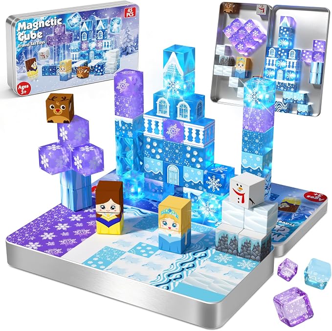 Magnetic Blocks, 45pcs Travel Toys Building Set with Magnetic Tin Box, Transparent & Light Up Magnet Cubes for Blue Snow Castle Build, Princess Toy Birthday Gift for Kid Girl 3+
