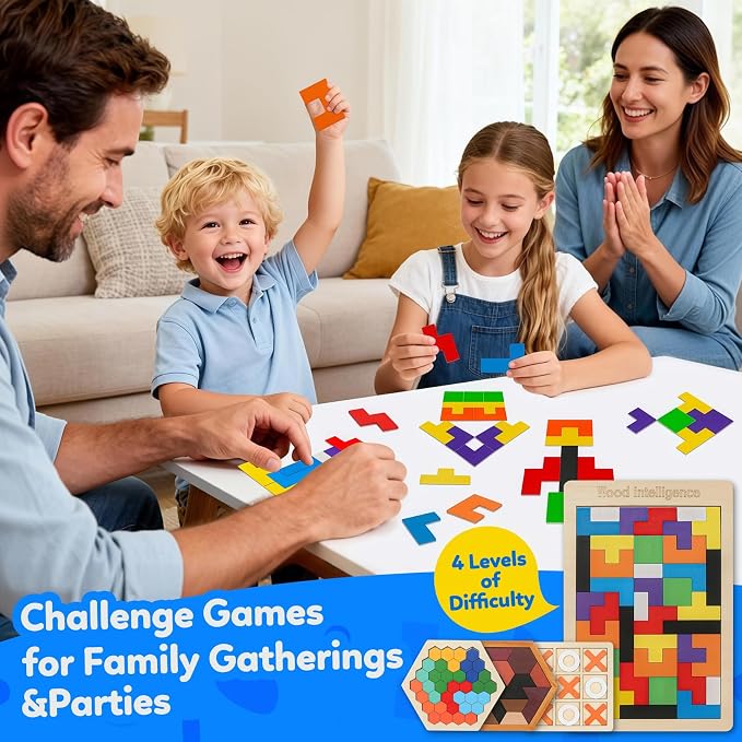 4 Pack Wooden Hexagon Puzzle, STEM Logic IQ Travel Game for Kids Adults | Montessori Educational Toy, Geometric Shape Blocks, Logic IQ Game, Ideal Gift for Kids Teens Adults
