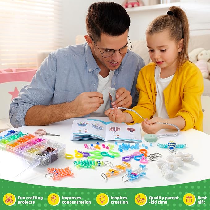 Pony Beads Kit for Keychain Making, Glow in the Dark Bead Pets for Kid Girl | Animal Beaded Kit with 25 Design Instructions Storage Box, Funtopia Beginners Kids Craft, Rainy Day Group and Family Activity