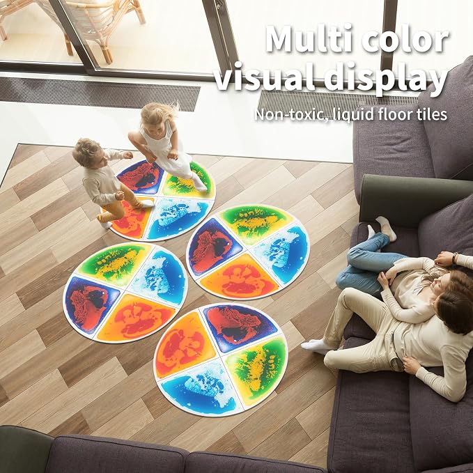 LONGKING 4-Sheet Liquid Sector Sensory Tiles, Colorful Floor Tile for Play Centers, Playroom, Lava Tiles, Radius 13" | Sensory floor tiles, soft liquid gel, Radius 13", color movement play mat, playroom classroom daycare, 4-sheet