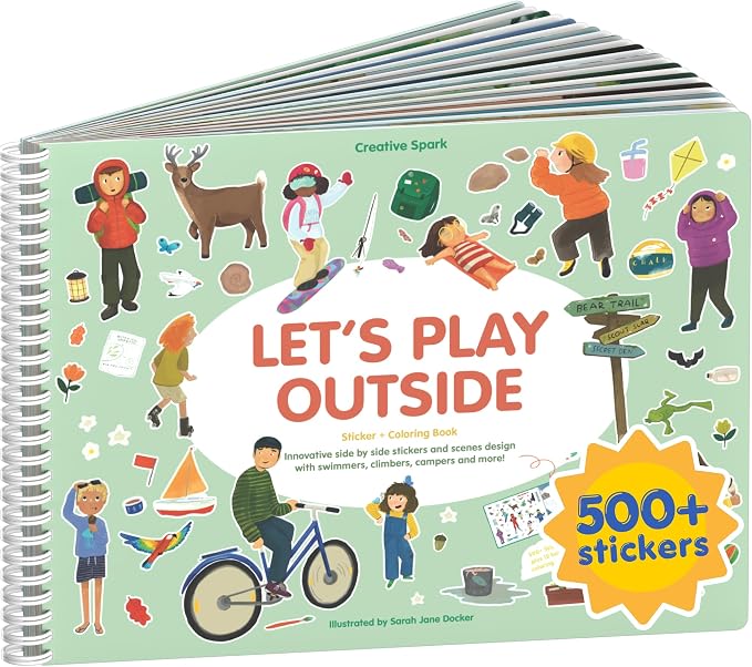 Let's Play Outside 500+ Kids Sticker Book by Cupkin Fun Toddler Travel Activity Coloring and Sticker Book, Road Trip Essentials, 12 Coloring Pages + 12 Scenes for Ages 2–8 Years