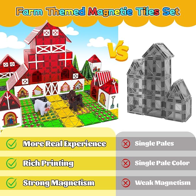SKTMYY Magnetic Tiles Farm Animal Toy Set with Interactive Cow & Horse, Magnetic Building Blocks for Kids Ages 3-5 4-8 5-7, Magnet Tiles Educational STEM Toy for Boys & Girls