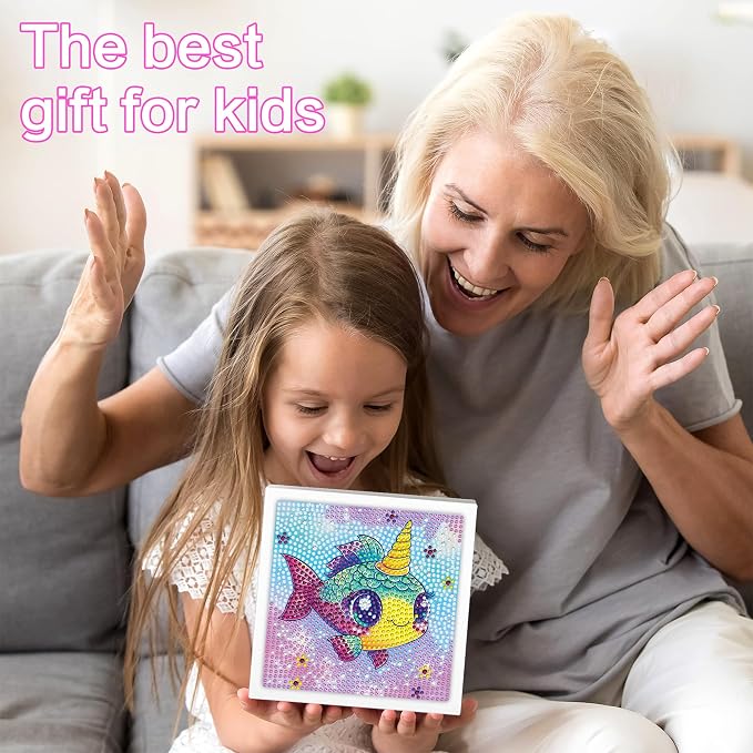 Reofrey Diamond Art Kits for Kids with Frame, DIY Goldfish Diamond Painting Kits, Fun Arts and Crafts Gift for Girls & Boys Ages 4,5,6,7,8,9,10,11,12, Creative Educational Toy for Beginners (7x7 Inch)