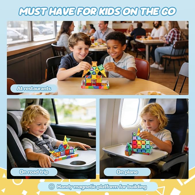 cossy Mini Magnetic Tiles, 60 PCS Magnet Tiles Travel Toys with Iron Box, Travel Magnetic Tiles for Restaurant, Car & Plane Play, Toys for 3 4 5 6 7 8 Year Old Boy and Girl