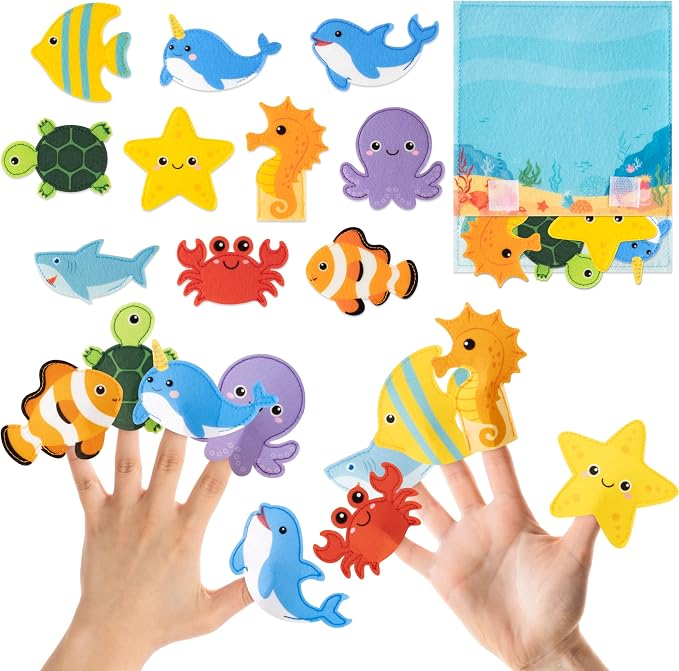 COcnny Sea Animal Finger Puppets - 11pcs Ocean Animal Felt Finger Puppet with Under The Sea Bag Set Making Crafts Kit for Kids, Make Your Own Story Telling Toys, Role Play for Boy Girl Toddle Age 3-8