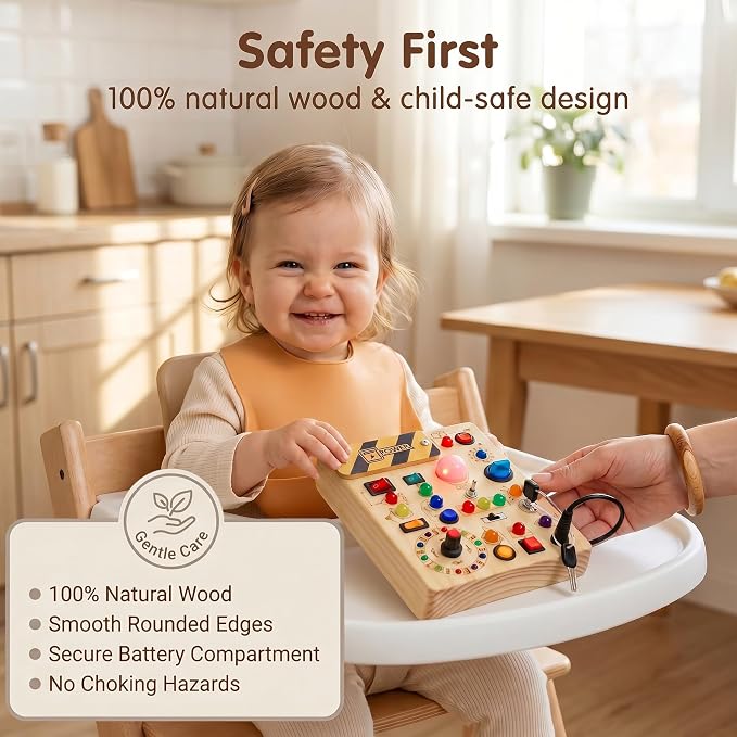 RichBoy Busy Boards, Lights Switch-Style, Wooden, 37-in-1, Medium | Toddlers Birthday Gifts, Montessori Toys, Autism Sensory, Fine Motor Skills, Educational Learning, Travel Essentials