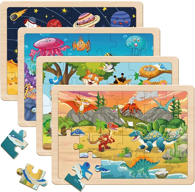 Puzzles for Kids Ages 4-6, 4 Packs 24 Piece | Wooden Jigsaw Puzzles for Kids Ages 3-5 Preschool Educational Learning Toys Gifts for 3 4 5 6 Year Old Boys and Girls