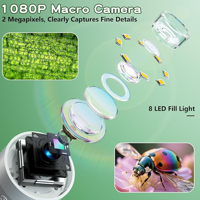 Odatay 1000X Digital Kids Microscope Kit with 12 Slides & 2" Screen, White | 1080P Imaging, Fit Ages 3-12, Standalone Pocket Science Edu Toys Gifts, Outdoor Backyard Bugs Exploring, Anti-drop Lanyard