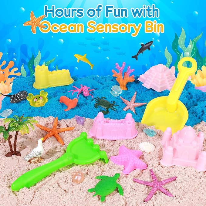 Mikiwon Ocean Sensory Bin, Sandbox Play Sand Art Kit with 3.3lbs Play Sand, Sea Animal Toys Molds, Sensory Play for Girls Boys Age 3 4 5 6 7 8, Beach Toys for Kids Xmas Birthday Gifts