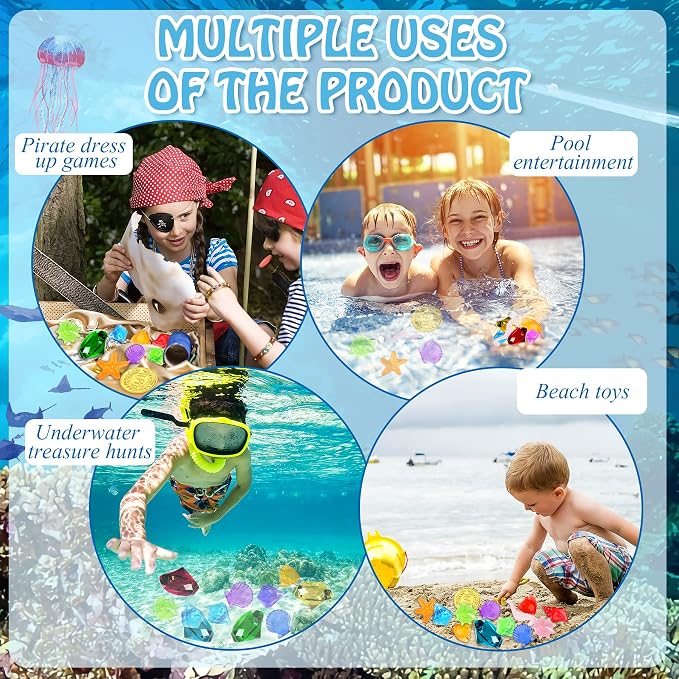 70 Pcs Diving Gem Pool Toys with 2 Treasure Pirate Boxes | Colorful Acrylic Diamonds, Fake Gemstones, Swim Underwater Toys, Pool Water Games, Summer Birthday Gift Party Decorations