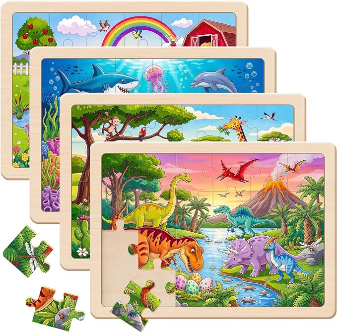 Puzzles for Kids Ages 4-6, 4 x 24 PCs Animals Wooden Puzzles | Animals Puzzles for Toddlers & Kids Ages 3-5, Preschool Educational Puzzles Toys, Birthday Gifts Set for Boys & Girls
