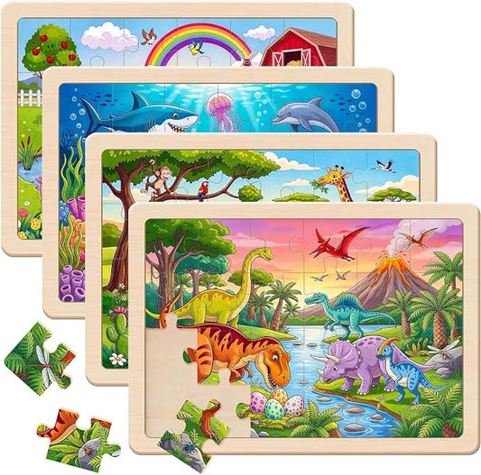 Puzzles for Kids Ages 4-6, 4 x 24 PCs Animals Wooden Puzzles | Animals Puzzles for Toddlers & Kids Ages 3-5, Preschool Educational Puzzles Toys, Birthday Gifts Set for Boys & Girls