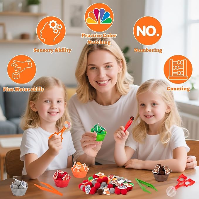 EZdhuawuse Woodland Animals Sensory Bin Fillers - 266Pcs Summer Animals Fine Motor Toys Sorting Stacking Toys for Kids, Felt Fox Bear Pom Poms Cup Clip for Preschool Education Development Activity