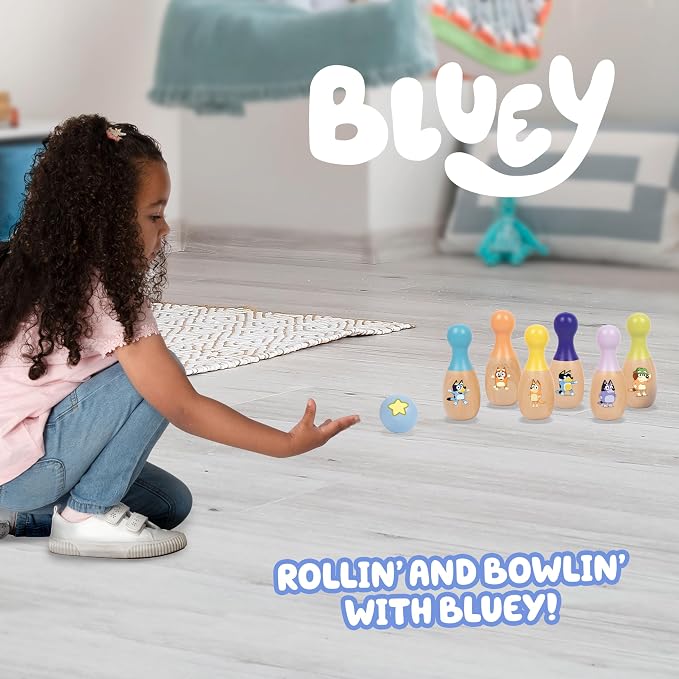 Bluey Wooden Bowling Set, 6 Character Pins, Indoor & Outdoor | Durable wood skittle game builds coordination & teamwork; Bluey toy for kids ages 3+, indoor-outdoor fun