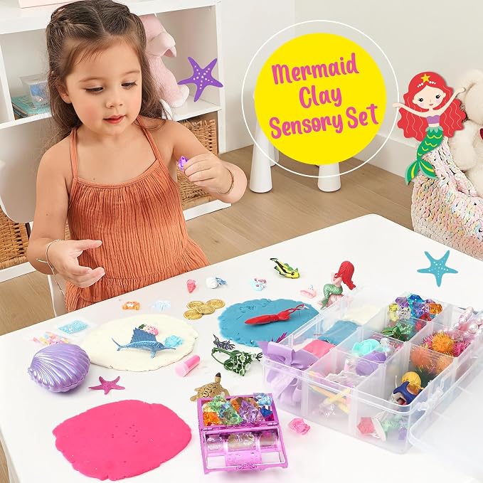 Golray Mermaid Sensory Dough Kit - Play Dough Set with 3 Packs of Playdough, 2 Mermaid Figures, Marine Animals & Plants Toys and Decorative Accessories, Sensory Toys Gifts for Kids & Toddlers