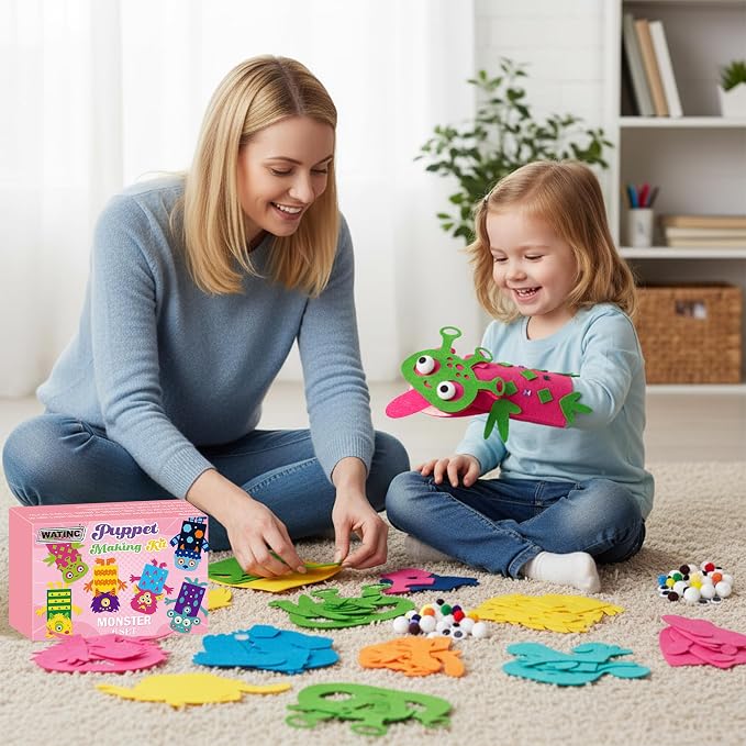 WATINC Hand Puppet Making Kit, Felt Sock Puppet Toys for Kids (Monster B) | 6 Styles, Make Your Own Storytelling & Role Play Crafts, Creative Group Activity, Party Favors & Gifts for Kids Ages 4-8