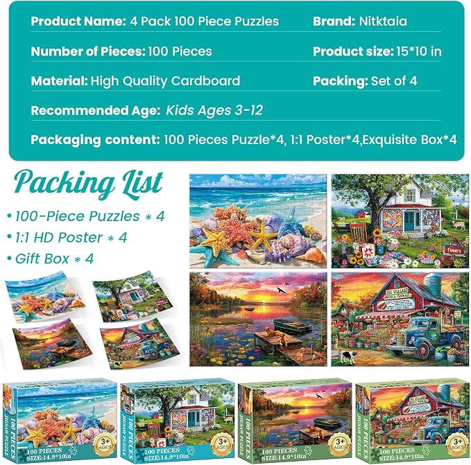 4-Pack 100 Piece Puzzles for Kids Ages 6-8 8-10 - Large Piece Puzzles for Dementia Seniors - Farm Countryside Jigsaw Puzzles for Adults & Kids Ages 4-6, Learning Educational Toys Gifts for Boys Girls