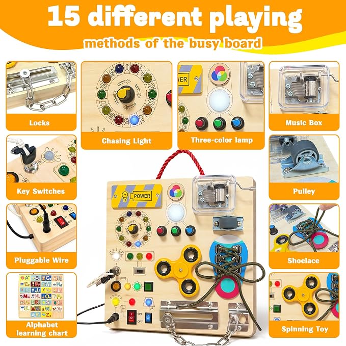 Busy Board with LED Light Switches, Montessori Toys for Toddlers 1-3, Wooden Sensory Activity Board, Travel Learning Toy for Boys & Girls, Educational Fidget Busy Board Gift for 1 2 3 Year Old Kids