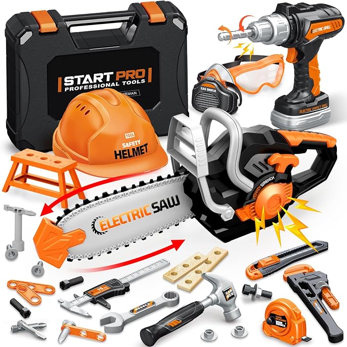 Toddler Tool Set, Kids Tool Box with Toy Chainsaw, Kids Toys for Boys 3-5 | 48 Pcs Construction Tools Kit with Electronic Toy Drill, Christmas Birthday Gifts for Boys Girls Ages 3 4 5 6 7 8, Orange