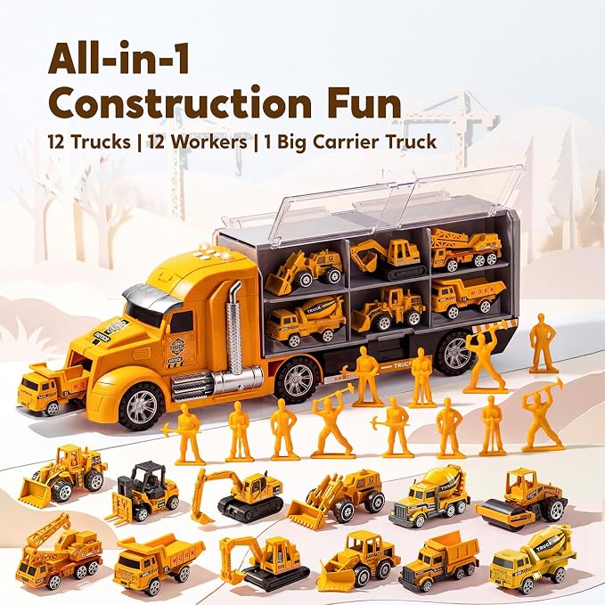 JOYIN 25-in-1 Construction Truck Toy Set with 12 Vehicles & 12 Worker Figures, Push and Go Toy Trucks with Sound and Light, Construction Toys Birthday Gifts for Kids 3 4 5 6 7 Years Old