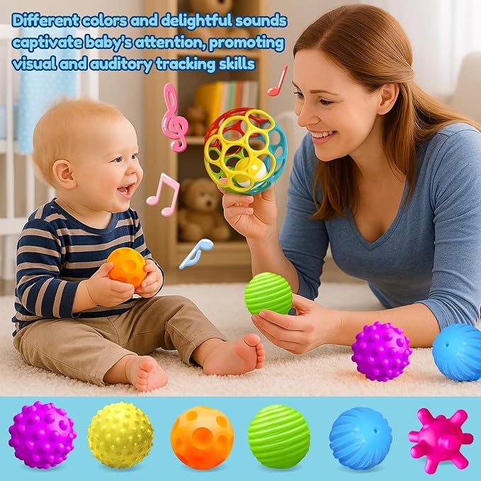 Baby Toys 6-12 Months, Sensory Textured Balls Rattle Set | 6 Pack Sensory Soft Ball, Baby Rattle, Easy Grasp, Bright Color, Teething Toys for Newborn Boys & Girls