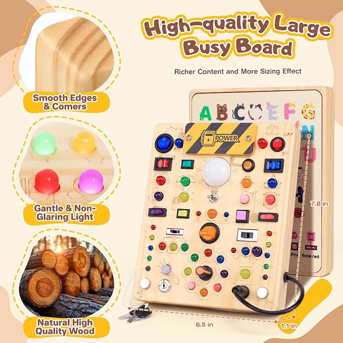 Busy Board with LED Light Switches, Montessori Toys for 1 2 3 Years Old, Toddlers Wooden Toy Sensory Activity Board, Travel Toys for 1+ Year Old Boy & Girl Birthday Gift (19 Switches)