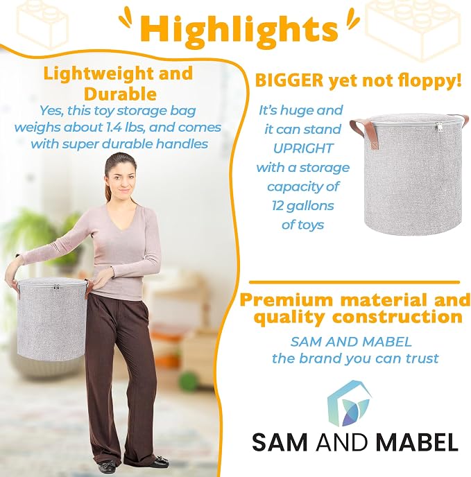 SAM AND MABEL XXL Toy Storage Organizer with Play Mat – 15" x 15" x 16" Storage Bin for Kids Playroom, Foldable Fabric Bag and Basket for Nursery (Gray)
