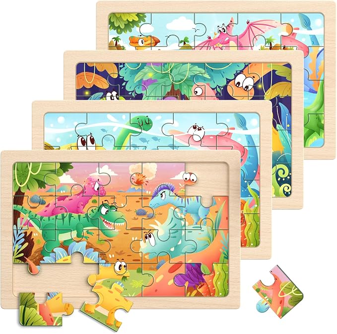 Zeoddler Wooden Puzzles for Kids 3-5, 4 Pack Dinosaur Jigsaw Puzzles for Toddlers, 20 Pieces Preschool Learning Activities, Learning & Educational Puzzles, Gift for Boys, Girls