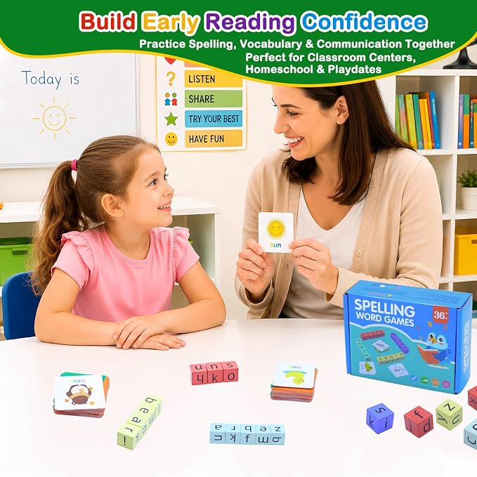 Spelling Games for Kids Ages 3-6, CVC Word Matching Letter Game, Phonics Learning Toy with 54 Flash Cards for Preschool Boys Girls