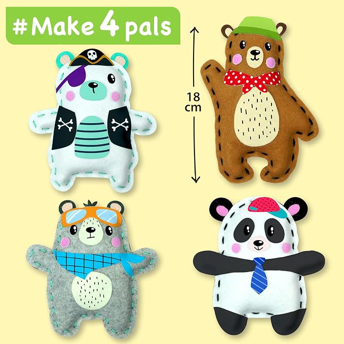 EZCRA Bear Sewing Kit for Kids Ages 4-8 - 4 Beginner Felt Projects | Animal Sewing Craft Kit for Boys and Girls. 4 Beginner DIY Felt Projects. No Mess Gift for Boys and Girls.
