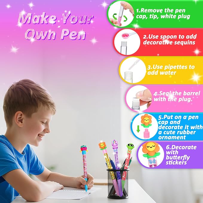 MOMUSE DIY Pen Making Kit for Kids Girls 6-12, Pen Creator Studio Craft Kit | Make 4 Sparkly Pens with Butterfly Stickers Sequins Beads, Girl Birthday Gifts