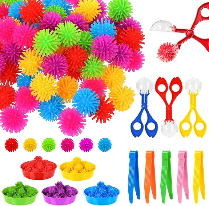 85 Pcs Sensory Bin Filler Kit with Tools Fine Motor Skills Set Counting Sorting Training Set with 72 Hedge Balls 5 Tweezers 3 Scissors Clips 5 Cups Learning Activities for Home School