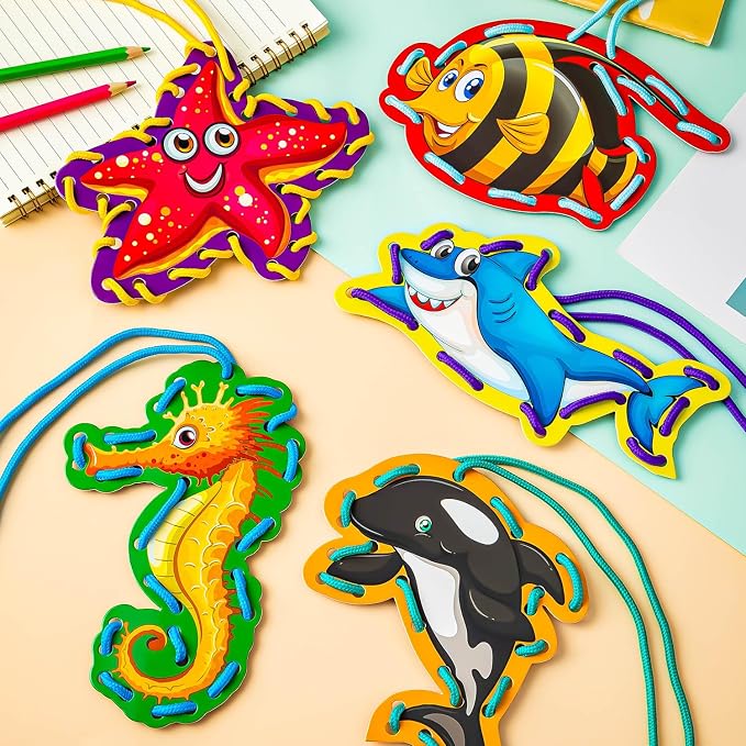 12 Pcs Lacing Cards for Kids, Sea Animals Sewing Cards with 12 Colorful Laces, Thicken Double Sided Lacing Playing Games for Children Developing Imagination Education Supplies