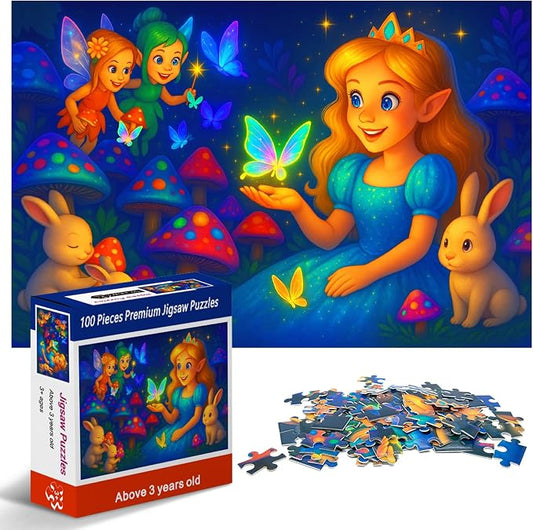 100 Piece Puzzles for Kids Girls Boys Ages 4-10, Fairy Princess and Bunny | Learning Educational Jigsaw Puzzles Toys with Full-size Poster, Holiday/ Birthday/Party/School Gifts for Children