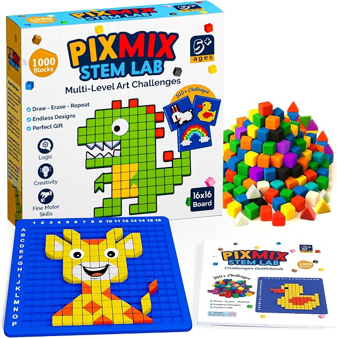 PIXMIX Pixel Building Art Kit for Kids Ages 5+ – STEM Toy for Boys & Girls, Creative Learning & Sensory Activity – 16x16 Board, 1000 Pieces, 200+ Multi-Level Challenges