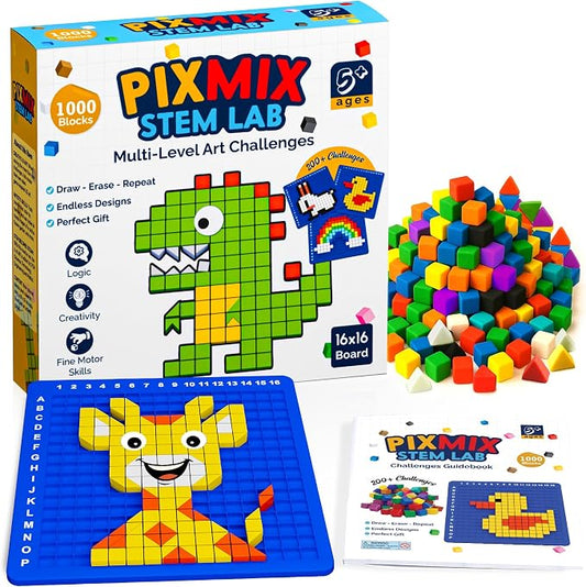 PIXMIX Pixel Building Art Kit for Kids Ages 5+ – STEM Toy for Boys & Girls, Creative Learning & Sensory Activity – 16x16 Board, 1000 Pieces, 200+ Multi-Level Challenges