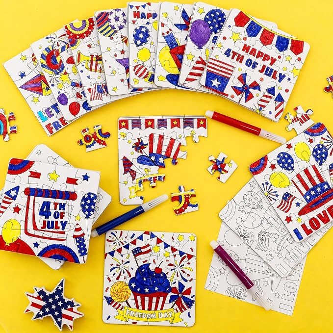 24 Sets 4th of July Patriotic Crafts for Kids, Independence Day Crafts Activities DIY Puzzle Kits Red White Blue Flag Star Memorial Day Jigsaw Painting Arts for Party Favors Gift Supplies Coloring Toy
