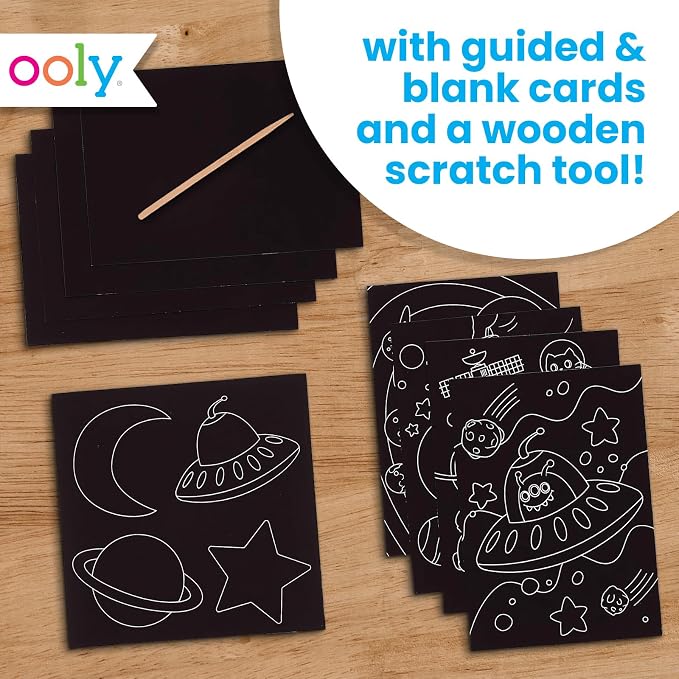 Ooly Scratch & Scribble Art Kit, 8 Cards, Sticker Sheet – Space Explorers | Ages 6+, Wooden Stylus and Stickers Included, Screen-Free Portable Car and Airplane Travel Activity, Gift for Kids
