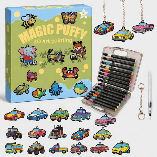 MWOMGLP Magic Foam Texture Painting Kit, 16 Pack DIY Puffy Foam Art Craft Set for Kids, 3D Sensory Painting Paper with Colorful Foam Sheets, Creative Gift for Boys Girls Ages 3+(Color Car)