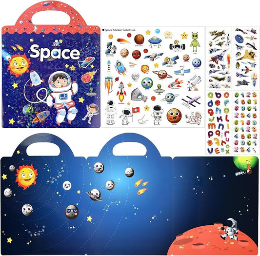 Space Sticker Book Toys, Travel Car Airplane Activities Gifts for Kids | 88 pcs Reusable Sticker,Waterproof Jelly Stickers, Portable Travel Toys,Educational Sensory Learning Toy,Gift for Boy Girl