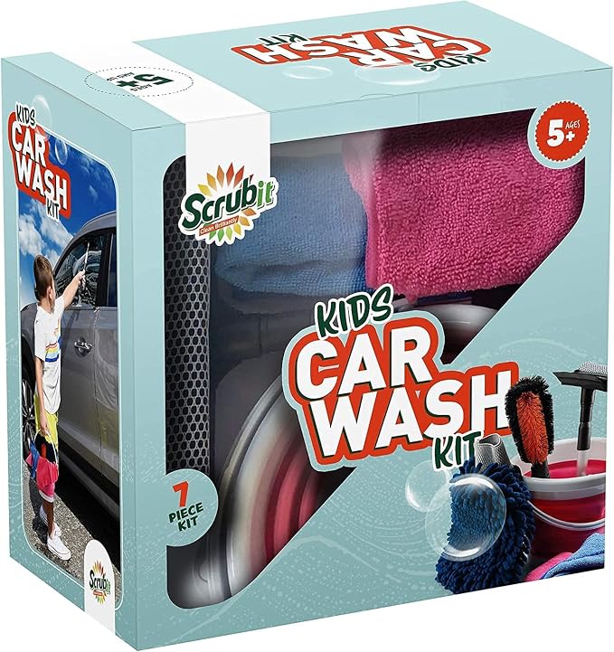 Kids Car Wash Activity Kit – 7 Kid-Sized Carwash Accessories Gifts for Boys & Girls Ages 5 6 7 8-10 - Outdoor Fun Toys – Set Includes Bucket, Squeegee, Microfiber Mitt, Wheel Brush, 3 Cleaning Cloths
