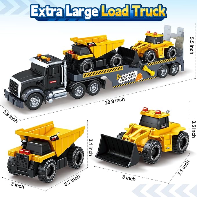Bstoyder Toddler Boy Toys for 3 4 5 6 7 Years Kids, 21" Semi Construction Carrier Truck Toy with Excavator and Dump Truck, Friction Powered Toys with Lights and Sounds, Birthday for Boy Girls