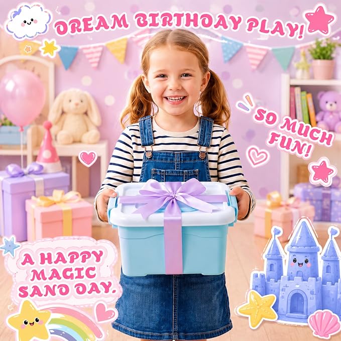 Teyva Daily 59 Pcs Sensory Bin Sand Kit with 2.2lbs Purple Moldable Play Sand, Inflatable Tray, Lidded Storage Box, Castle Ocean Animal Fruit Molds, Flags and Pump for Kids Toddler Ages 4-6