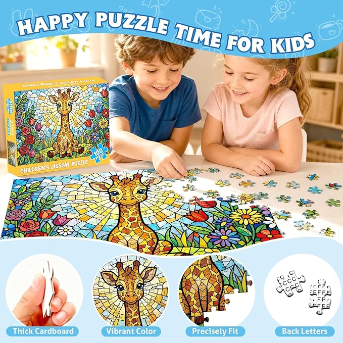 4-Pack 100 Piece Puzzles for Kids Ages 4-8 6-8 8-10, Panda Giraffe Kids Puzzles Ages 4-6 5-8 8-10, Flamingo Fox Stained Glass Forest Animal Puzzle 100 Pieces, Educational Jigsaw Puzzles Gifts 15x10in