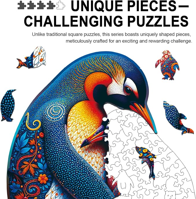 Wooden Puzzles for Adults Penguin Family Puzzle - Laser-Cut Unique Shaped Stress Relief Jigsaw Puzzle, Wall Art Home Decor Gift for Family, Christmas Thanksgiving Gifts (11.2"×10.2" 200pcs)