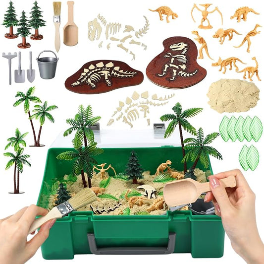 Jenaai Dinosaur Sensory Bin Dinosaur Excavation Archaeology Dig Kit Dino Skeletons Bones Puzzle Game Sandbox Storage with Lid Sand for DIY Making Kit Decoration Gifts Pretend Learning Construction